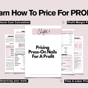 Puede incluir: Varios libros abiertos con texto sobre un fondo rosa claro. El texto incluye "Learn How To Price For PROFIT", "Pricing Press-On Nails For A Profit", y "Material Cost Calculation".
