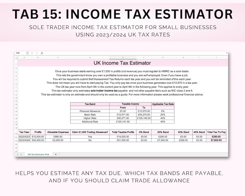 May include: A table showing a UK income tax estimator for small businesses using 2023/2024 UK tax rates. The table includes columns for tax band, taxable income, applicable tax rate, tax year, profits, allowable expenses, claim &pound;1,000 trading allowance, total taxable profits, 0% band, 20% band, 40% band, 45% band, and total tax to pay.