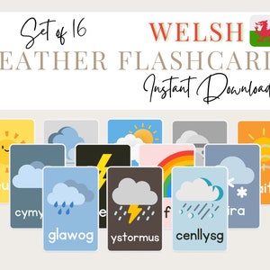 16 flashcards meteorológicos de GALÊS | Download digital educacional para impressão | Bebês, pré-escolares e crianças pequenas/crianças/alunos | EYFS |