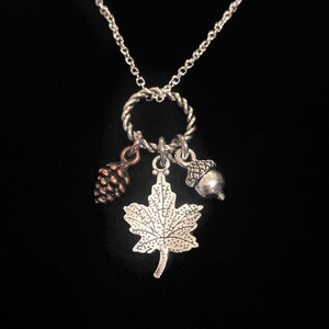 May include: A silver necklace with a twisted circle pendant and three charms: a silver acorn, a silver maple leaf, and a copper pine cone.