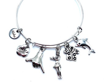 Hawaiian Theme Bracelet Luau Hula Girl Shaka Aloha  Charms May Be Personalized