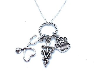 Veterinarian Charm Necklace: Antique Silver Stethoscope Paw Print