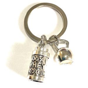 Whey Protein and Kettlebell Keychain Bodybuilder Weightlifting Personal Trainer