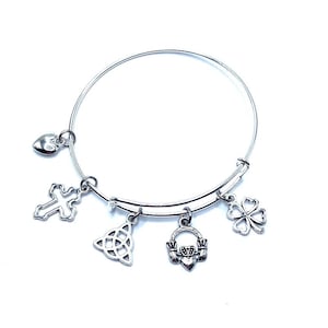 Celtic Irish Bracelet  Claddagh Cross Clover Charms May Be Personalized