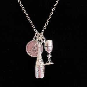 Wine Lovers Necklace Personalized Initial Charm Glass Bottle