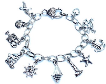 New England Charm Bracelet Lobster Clam Crab Lighthouse Seagull Ship Beach Charm