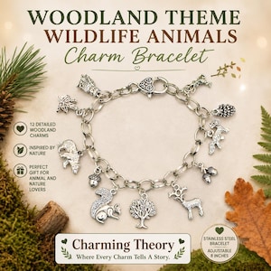 May include: A silver-toned metal charm bracelet featuring 12 detailed woodland-themed charms including a squirrel, deer, tree, and pinecone. The bracelet has an adjustable 8-inch chain with a heart-shaped clasp. Text reads Woodland Theme Wildlife Animals.