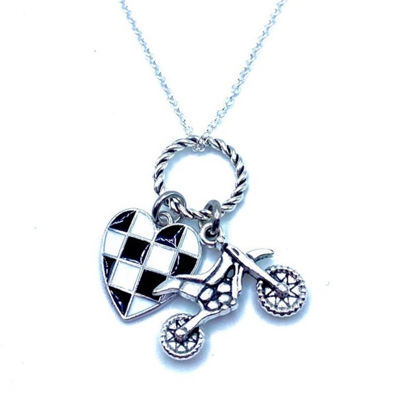 Dirt Bike Necklace Motocross Checkered Flag Heart