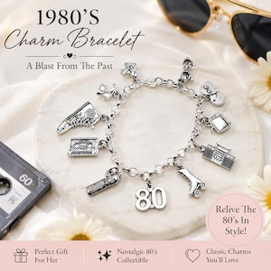May include: A silver-toned charm bracelet featuring various 1980s-themed charms including a high-top sneaker, cassette tape, boombox, roller skate, and the number 80. The text 1980's Charm Bracelet, A Blast From The Past, and Relive The 80's In Style appear.