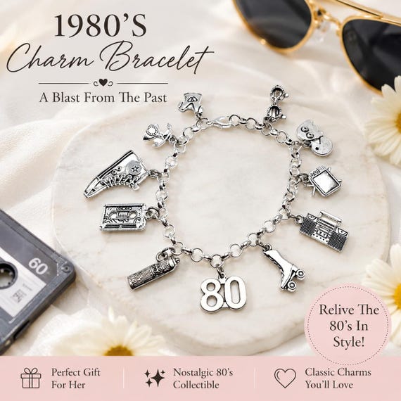 80s Charm Bracelet Retro 1980s Jewelry Nostalgia Bracelet Cassette Roller Skate Boombox Sneaker TV Gift for Her