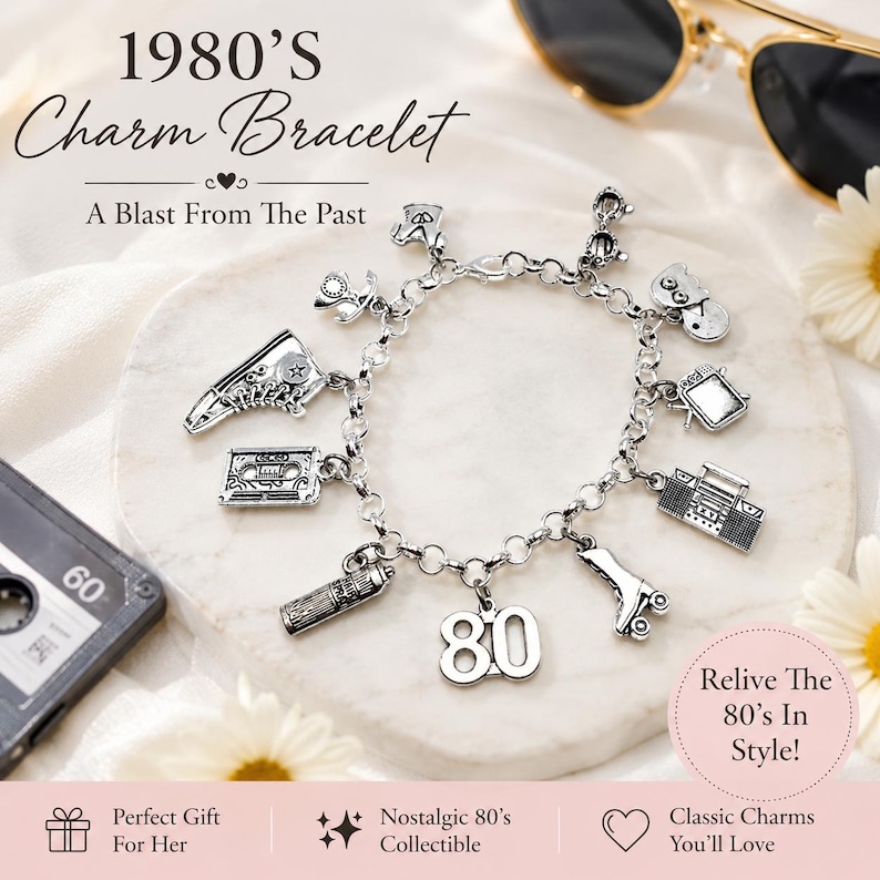 May include: A silver-toned charm bracelet featuring various 1980s-themed charms including a high-top sneaker, cassette tape, boombox, roller skate, and the number 80. The text 1980's Charm Bracelet, A Blast From The Past, and Relive The 80's In Style appear.