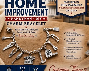 May include: A silver-toned metal charm bracelet featuring eleven miniature tools including a saw, pliers, screwdriver, toolbox, hammer, tape measure, wrench, and paintbrush. The bracelet includes a secure lobster clasp and measures 8 inches.