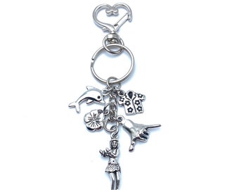 Hawaiian Theme Keychain Bag Charm Hula Girl Shaka Dolphin Flower Charms