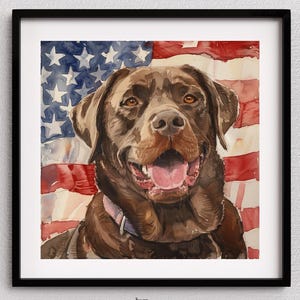 Puede incluir: Una impresión en acuarela enmarcada que presenta un Labrador Retriever marrón con un fondo de bandera estadounidense. El perro tiene un collar rosa y está sonriendo. El texto "FREEDOM PETS COLLECTION" está en la parte superior.