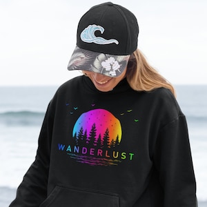 Wanderlust Northern Lights Hoodie, Camping Hoodie, Hiking Sweatshirt, Forest Sweatshirt, Nature Hoodie, Aurora Borealis Shirt, Northern Sky