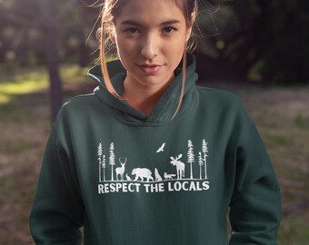 Respect the Locals Forest Animal Woodland Creatures,  Forestcore Hooded Sweatshirt, Cottagecore Sweatshirt, Hiking Gift Woods, Camping Woods