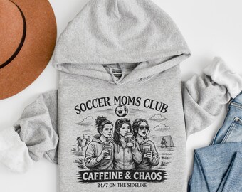 Soccer Moms Club Hoodie, Caffeine & Chaos Sweatshirt, Funny Soccer Mom Shirt, Game Day Hoodie, Sideline Mom Gift, Soccer Fan, Sports Mom
