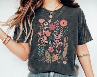 Geperste bloemen Comfort Colors® Shirt, Boho Wildflowers Cottagecore Shirt, Goblincore Shirt, Cottagecore Flowers, Pastel Floral Nature Shirt