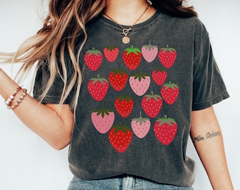 Comfort Farben Erdbeer Shirt Boho Kleidung Kawaii Fruit Shirt Cottagecore Kleidung Botanisches Shirt Ästhetische Kleidung Cottage Core Shirt