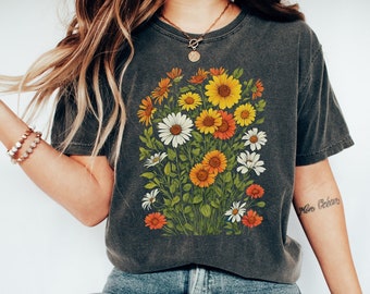 Geperste bloemen Comfort Colors® Shirt, Boho Wildflowers Cottagecore Shirt, Goblincore Shirt, Cottagecore Flowers, Pastel Floral Nature Shirt