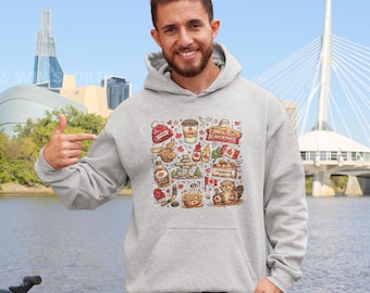 Funny Canadian Icons Hoodie, Canada Culture Hoodie, Maple Syrup Timbits Poutine Hoodie, Canadian Pride Hoodie, Funny Canada Gift,Cozy Hoodie