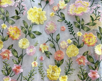 Yellow flowers embroidered tulle fabric,dress fabric,Lace Fabric,1 yard lace tulle,soft tulle Fabric