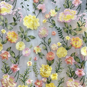 Yellow flowers embroidered tulle fabric,dress fabric,Lace Fabric,1 yard lace tulle,soft tulle Fabric