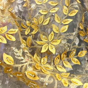 Yellow Flower Leaves beaded Sequin Lace Fabric, Bridal Floral Lace Veil material, Bride Wedding Dress Fabric by the yard