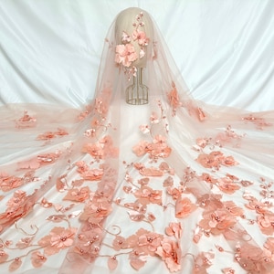 Orange 3D floral mesh fabric, floral lace fabric, dress fabric, clothing fabric, fashion mesh lace