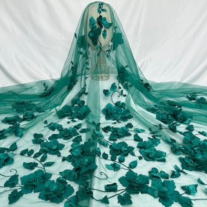 Green 3D flower tulle fabric, pearl fabric, veil fabric, DIY clothing fabric, lace fabric, flower mesh lace 1 yard