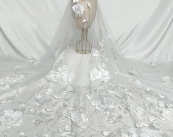 Off-white 3D flower lace fabric, floral beaded tulle fabric, DIY bridal gown, veil fabric, clothing fabric, lace mesh