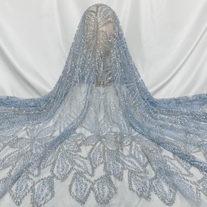 Light Blue Heavy Bead Lace Fabric,Sequin Floral Tulle Fabric,Beaded Fabric,Dress Fabric, DIY Mesh Fabric