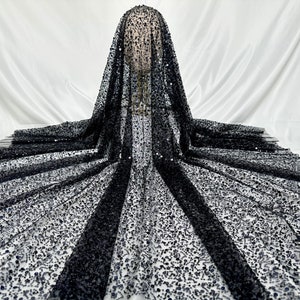 Black heavy bead lace fabric, sequin tulle fabric, glitter fabric, DIY clothing fabric, lace mesh fabric