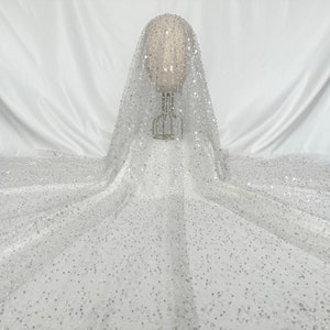 White heavy bead lace fabric, sequin lace mesh fabric, DIY bridal dress fabric, clothing fabric, tulle fabric, mesh lace