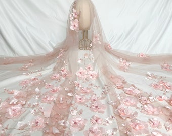 Bellissimo tessuto di pizzo floreale 3D rosa, tessuto di pizzo a rete, tessuto per abbigliamento alla moda, tessuto di tulle, tessuto per abito floreale
