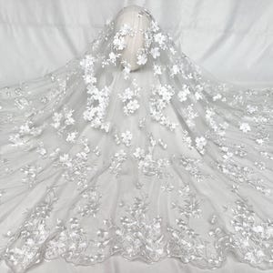 Exquisite Embroidery Fabric，Beaded Lace 3d Floral Fabric,White Embroidery Bridal Evening Dress Fabric，Veil Lace,Tulle Fabric