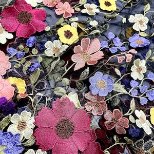 Black 3D flowers applique lace fabric,haute couture fabric for wedding bridal veil girl dress tutu Dress 1 yard