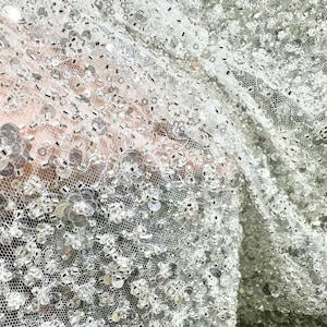 Silver White heavy Sequin bead Lace for Bridal Wedding Dress Bridal dress fabric,Sequins Beaded Tulle,Lace Fabric 1 yard