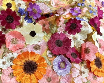 Tissu en dentelle appliquée à fleurs 3D, bricolage, robe de soirée pour mariée 1 mètre, jaune