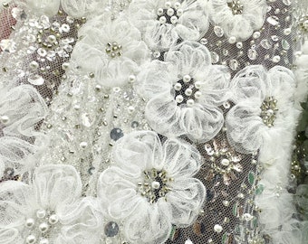 White Flower Lace Fabric,sequin beaded lace fabric,wedding lace fabric,Bridal Evening Dress Costume Handcrafts fabric by the yard