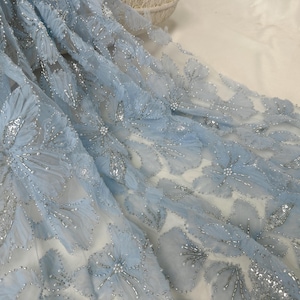 Soft Blue Flowers Tulle Fabric,Leaves Tulle Fabric,Beaded Mesh Fabric,Sequin Pearl Lace Fabric,Fashion Dress Fabric,3d Flowers Lace Fabric
