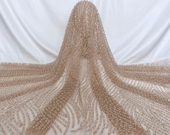 Champagne Beaded Lace Fabric, Sequin Lace, Evening Gown Fabric, Designer Fabrics, Tulle Fabric, Mesh Fabrics