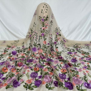 Purple embroidered floral lace fabric, tulle fabric dress bridal veil fabric 1 yard, fashion DIY fabric