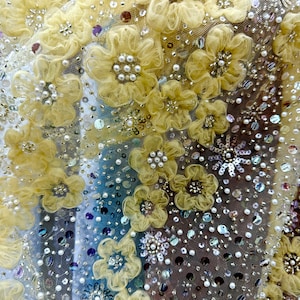 Sparkling yellow tulle floral fabric，wedding lace fabric,Bridal Evening Dress Costume Handcrafts fabric  by the yard