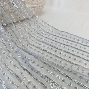 Light blue sequin floral tulle fabric,striped beaded lace fabric,fashion evening dress lace,DIY high-end clothing fabric,tulle fabric