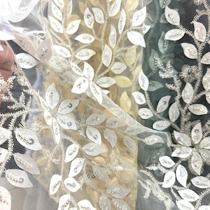 Withe Bead Tube Embroidered Lace Women&#39;s Wedding Dress Skirt Decoration Cloth,4 colors Leaf Flower Sequin Lace Fabric by the yard
