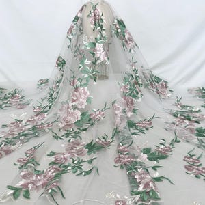 Embroidered Flower Tulle Fabric, Pink Flower Lace, Leaf Lace Fabric, Clothing Lace Tulle, Fabric