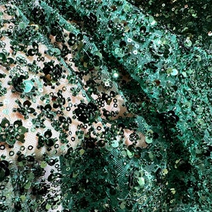 Green French bead lace fabric with flowers sequin,Sequined floral fabric,heavy beading embroidery tulle,Mesh Embroidery Tulle by the yard