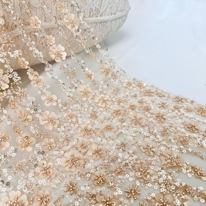 3D floral sequin lace fabric,floral beaded tulle fabric,DIY wedding bridal evening gown clothing handicrafts,fashion tulle fabric,lace mesh