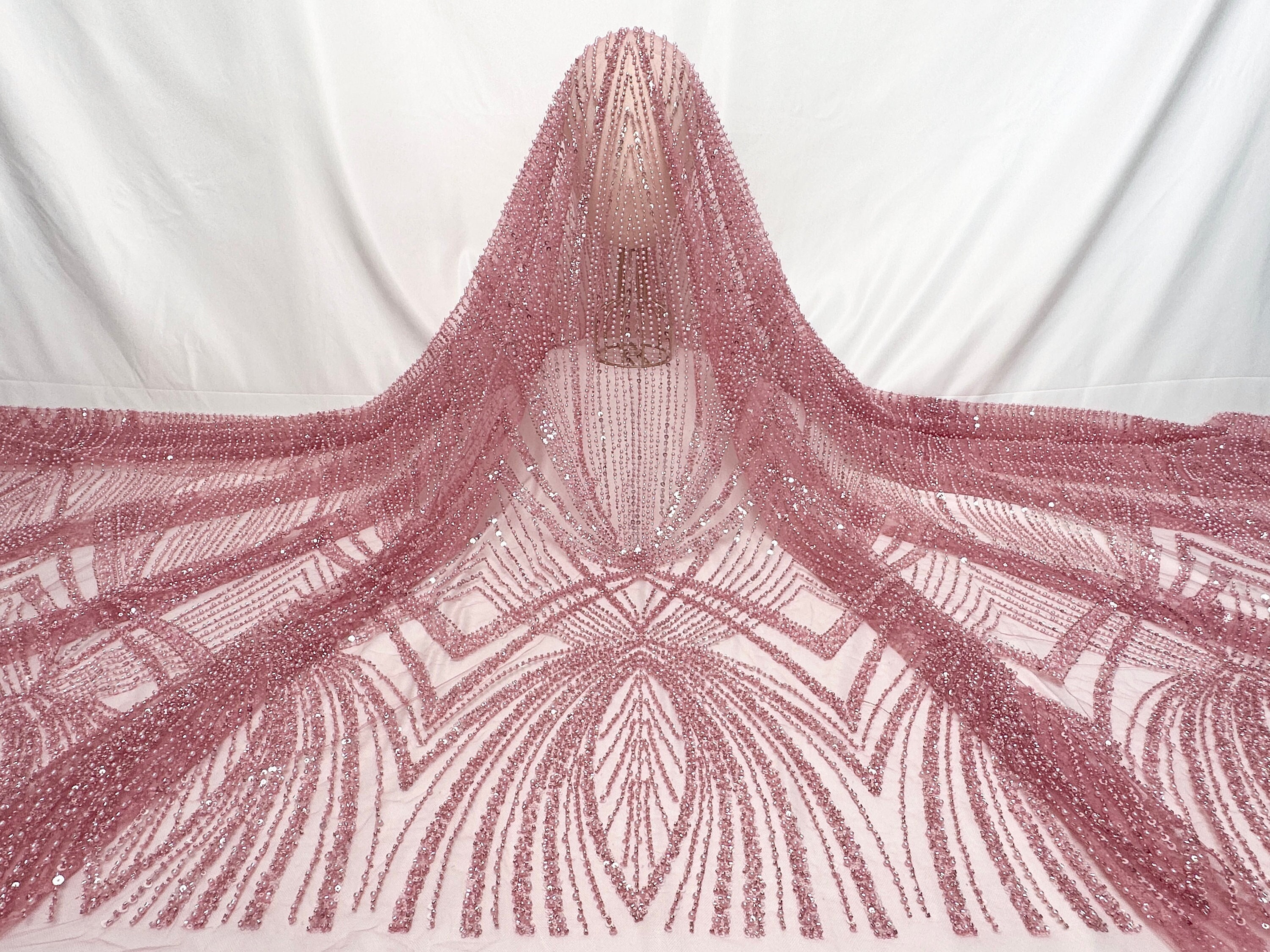 Pink Sequin Beaded Lace Fabric, Beaded Dress Fabric, Tulle Fabric, Applique Lace for Bridal, Wedding, Prom Dresses